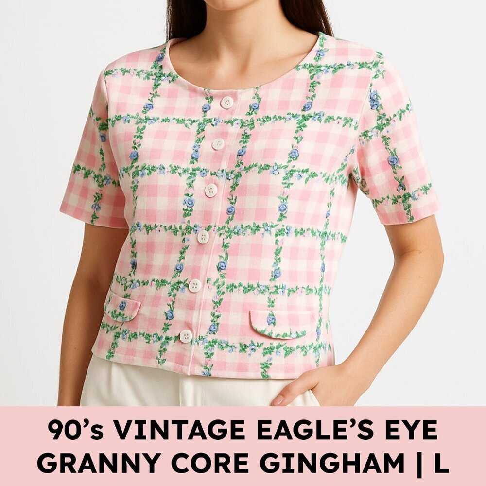Eagle's Eye Vintage Pink Gingham Floral Button Front Top Women's L - Picture 12 of 12